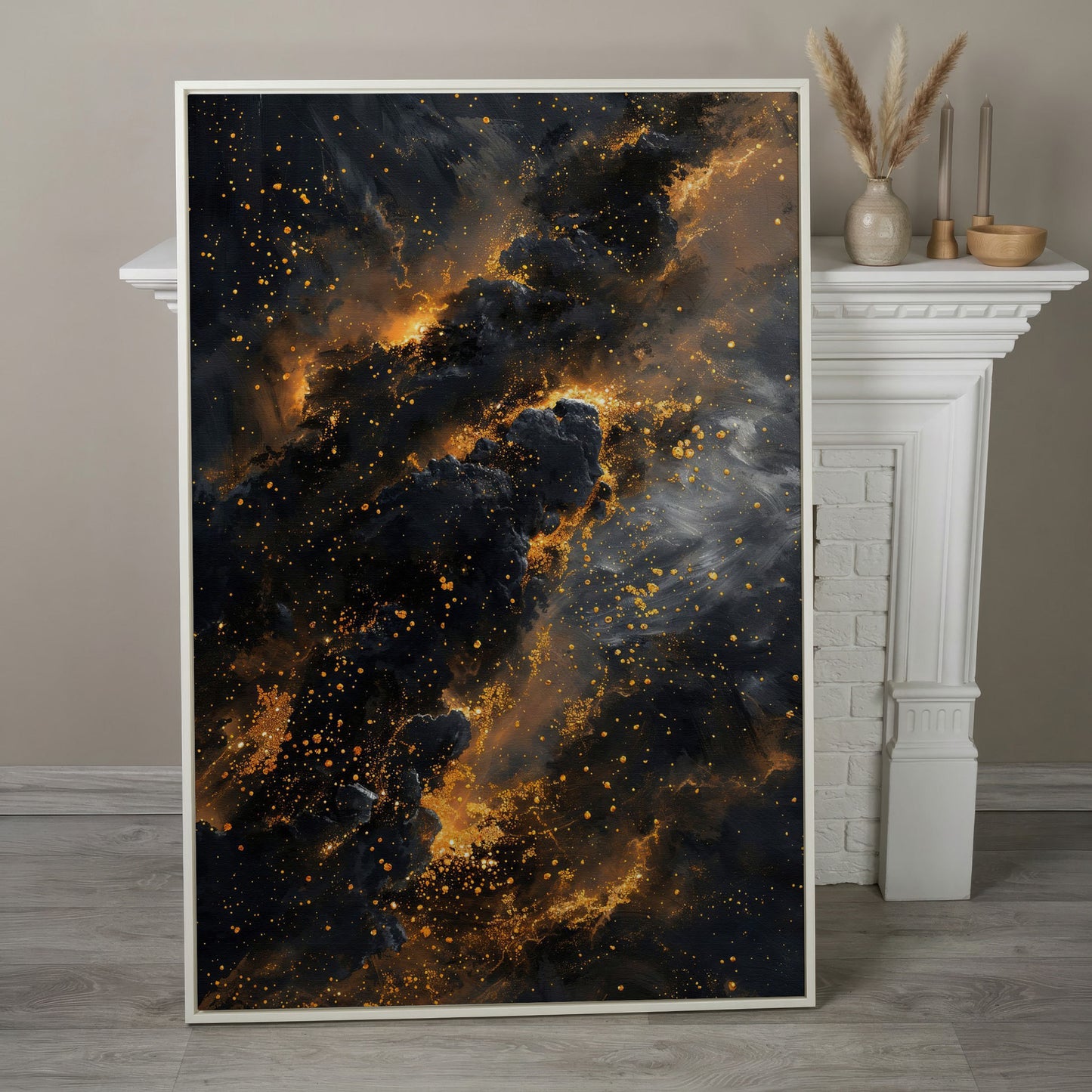 Abstract Galaxy Canvas with Charcoal and Ochre Tones in white floating frame