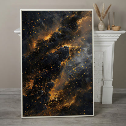 Abstract Galaxy Canvas with Charcoal and Ochre Tones in white floating frame