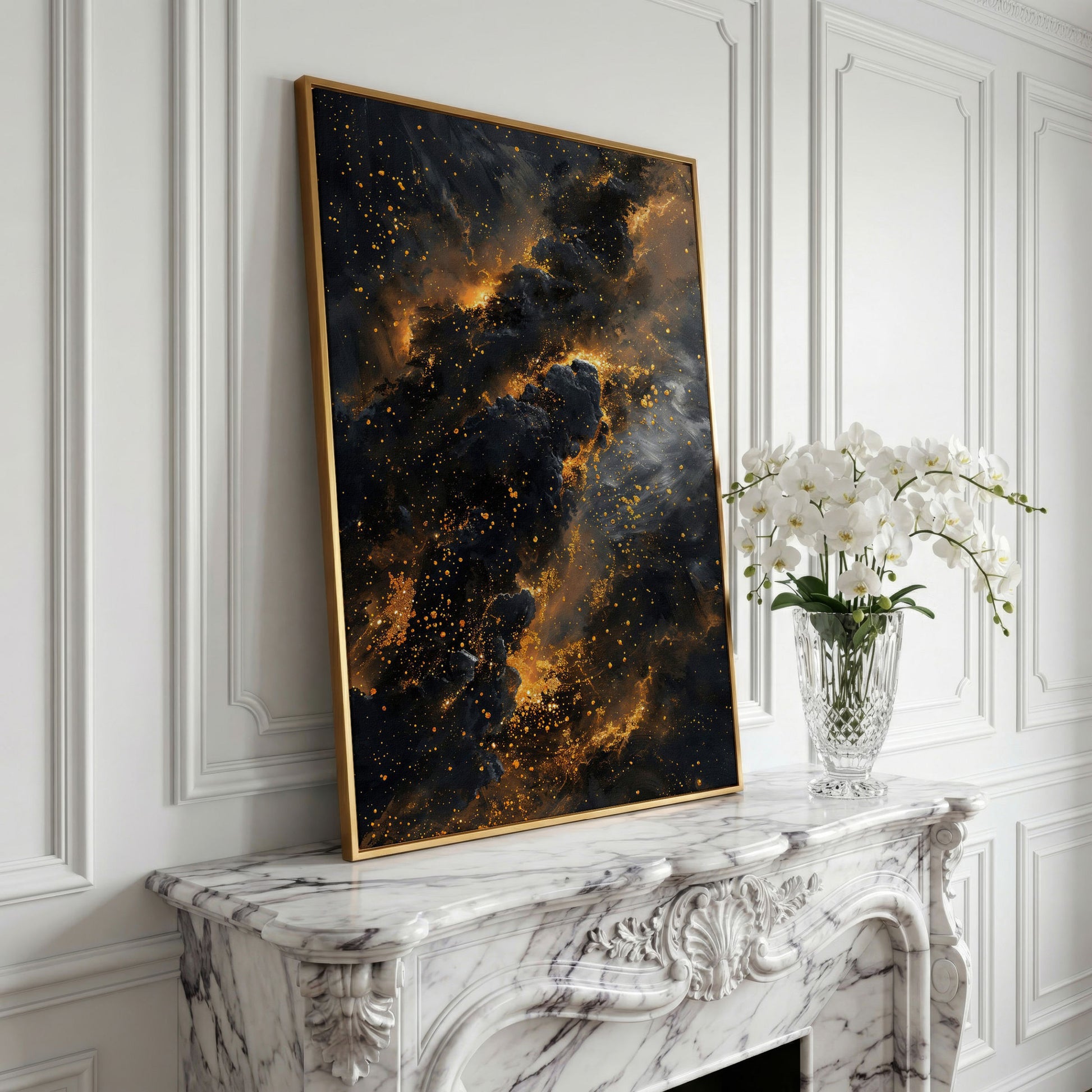 Abstract Galaxy Canvas with Charcoal and Ochre Tones in yellow gold floating frame