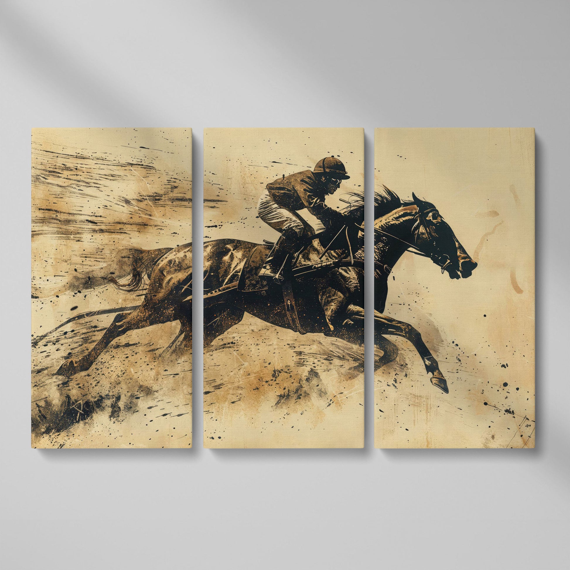 Vintage Horse Racing Canvas Print with Dynamic Jockey as 3-panel split version
