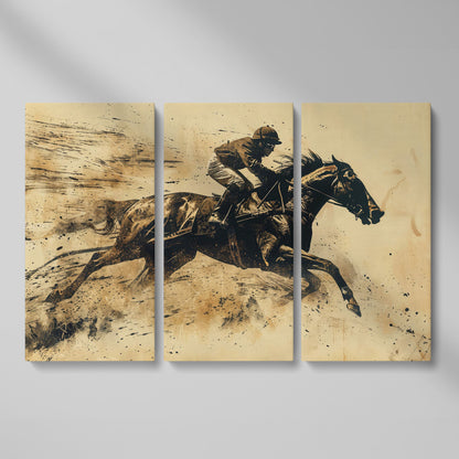 Vintage Horse Racing Canvas Print with Dynamic Jockey as 3-panel split version