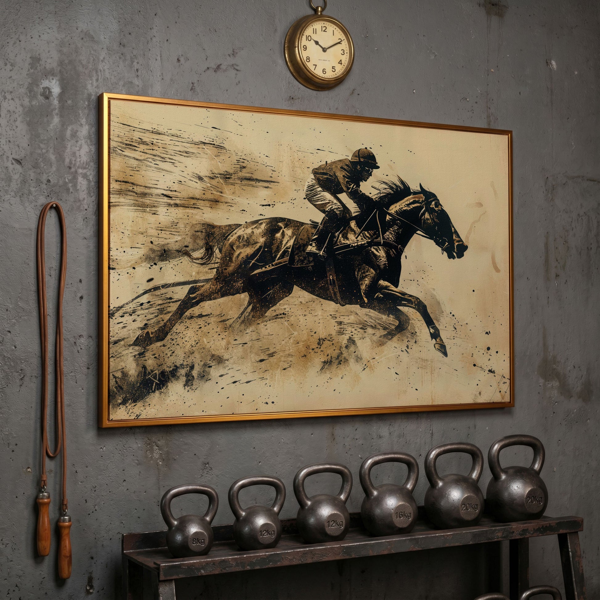 Vintage Horse Racing Canvas Print with Dynamic Jockey in antique gold floating frame