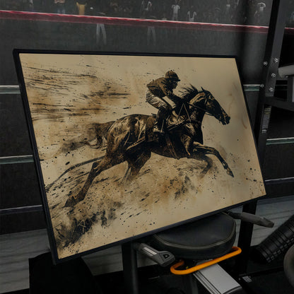 Vintage Horse Racing Canvas Print with Dynamic Jockey in black floating frame