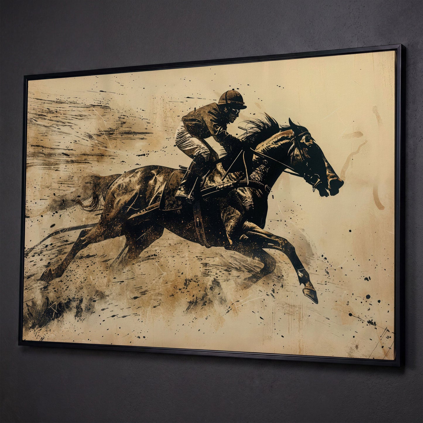 Vintage Horse Racing Canvas Print with Dynamic Jockey shown in black floating frame