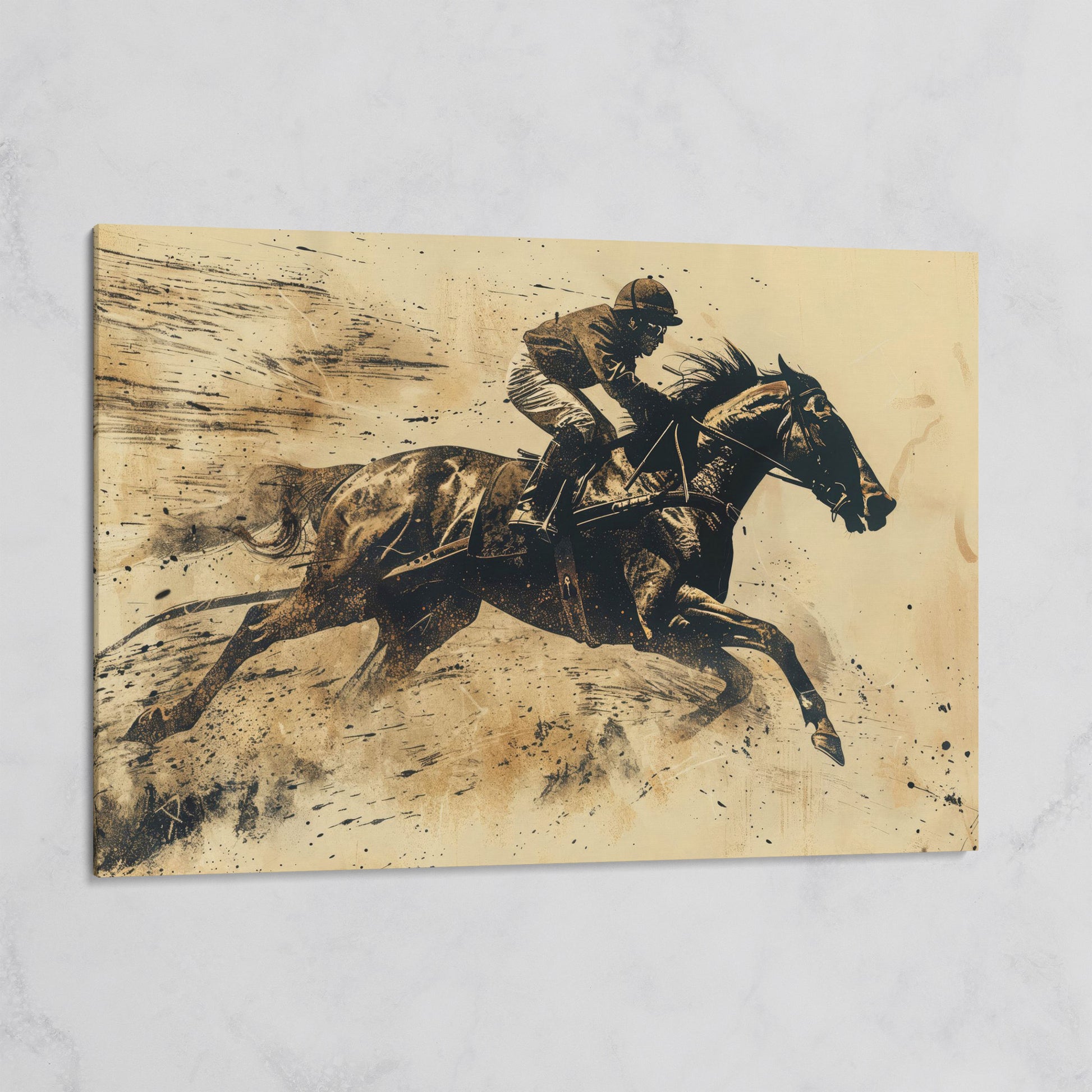 Vintage Horse Racing Canvas Print with Dynamic Jockey on gallery wrap