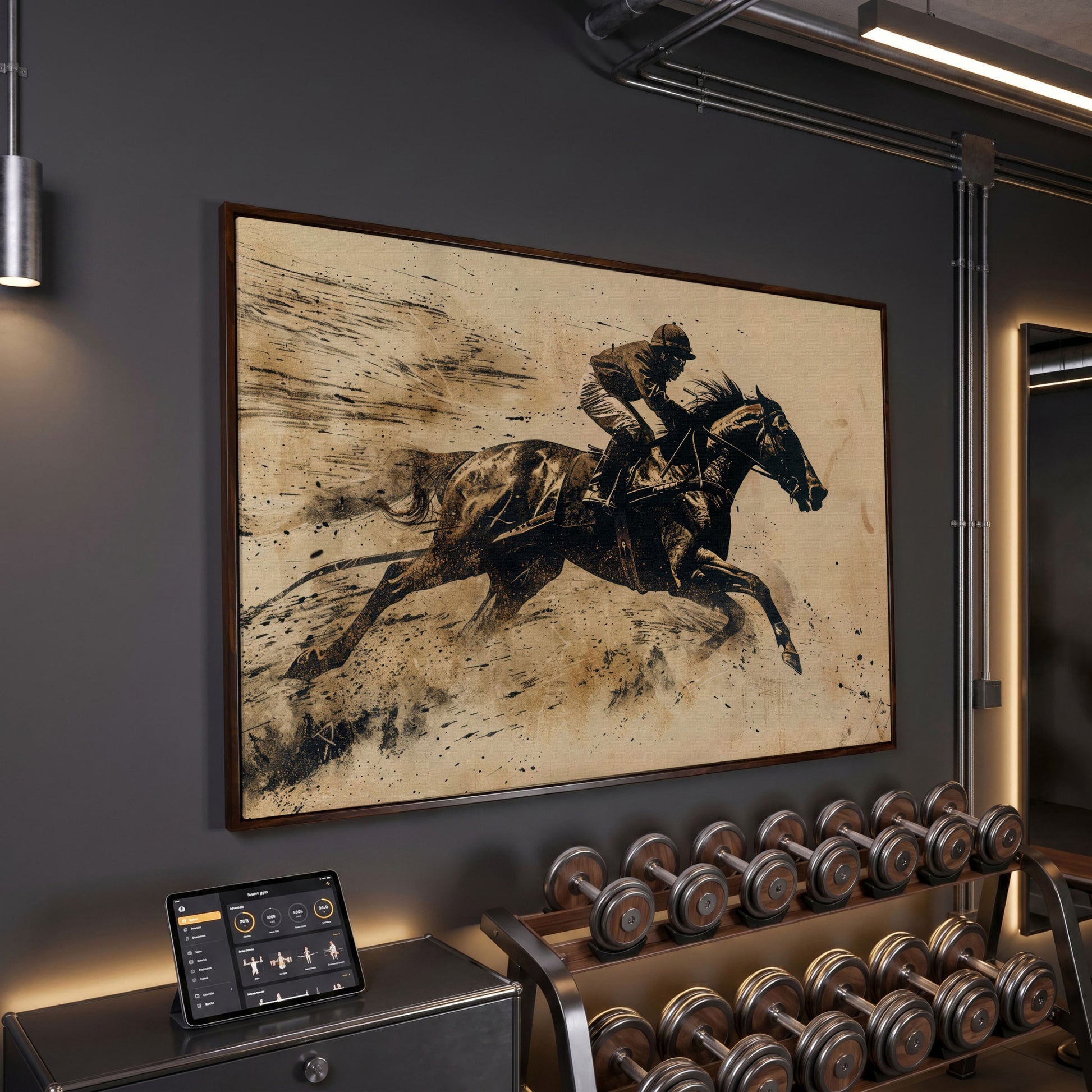 Vintage Horse Racing Canvas Print with Dynamic Jockey in dark walnut floating frame