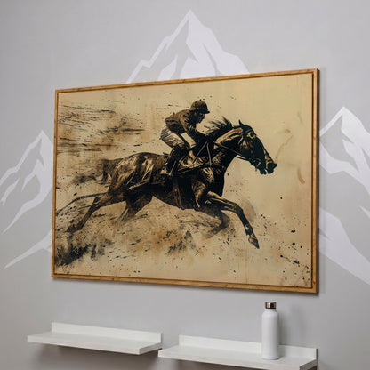 Vintage Horse Racing Canvas Print with Dynamic Jockey in white oak floating frame