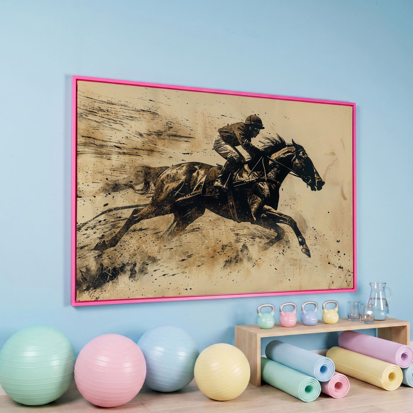 Vintage Horse Racing Canvas Print with Dynamic Jockey in pink floating frame
