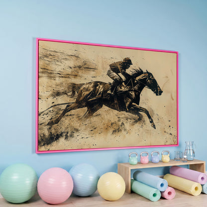 Vintage Horse Racing Canvas Print with Dynamic Jockey in pink floating frame