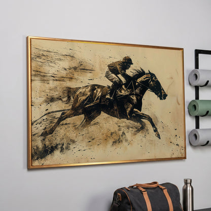 Vintage Horse Racing Canvas Print with Dynamic Jockey in rose gold floating frame