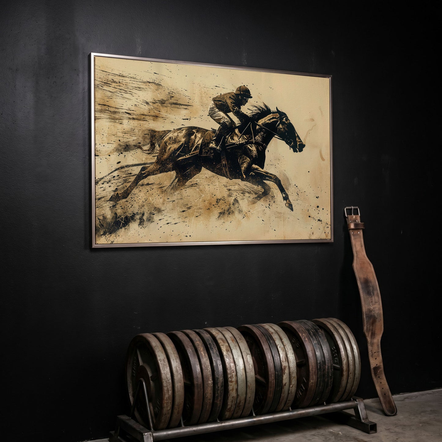 Vintage Horse Racing Canvas Print with Dynamic Jockey in silver floating frame