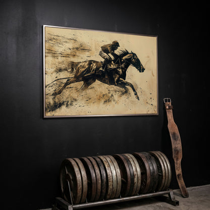 Vintage Horse Racing Canvas Print with Dynamic Jockey in silver floating frame