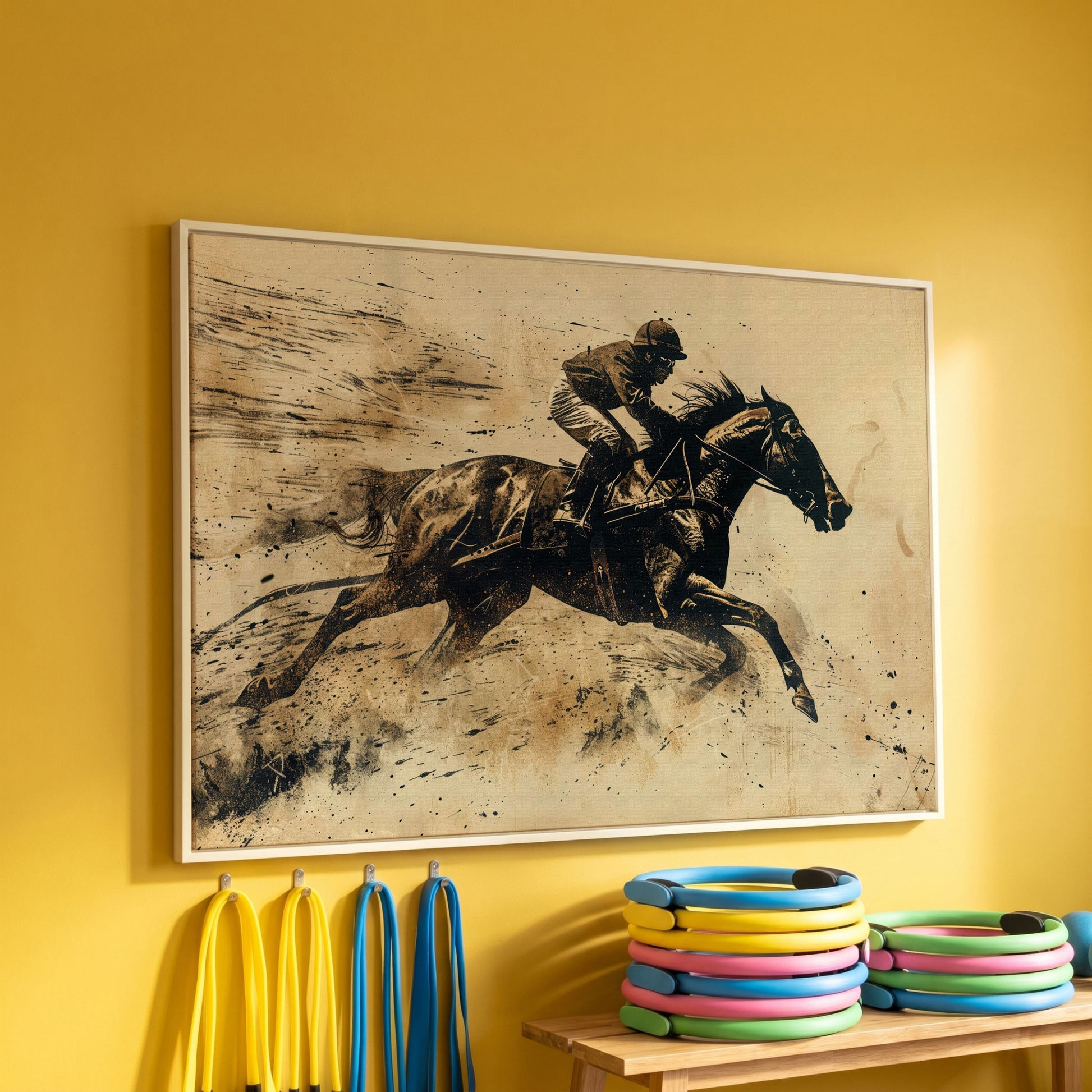 Vintage Horse Racing Canvas Print with Dynamic Jockey in white floating frame