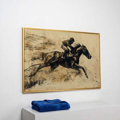 Vintage Horse Racing Canvas Print with Dynamic Jockey in yellow gold floating frame