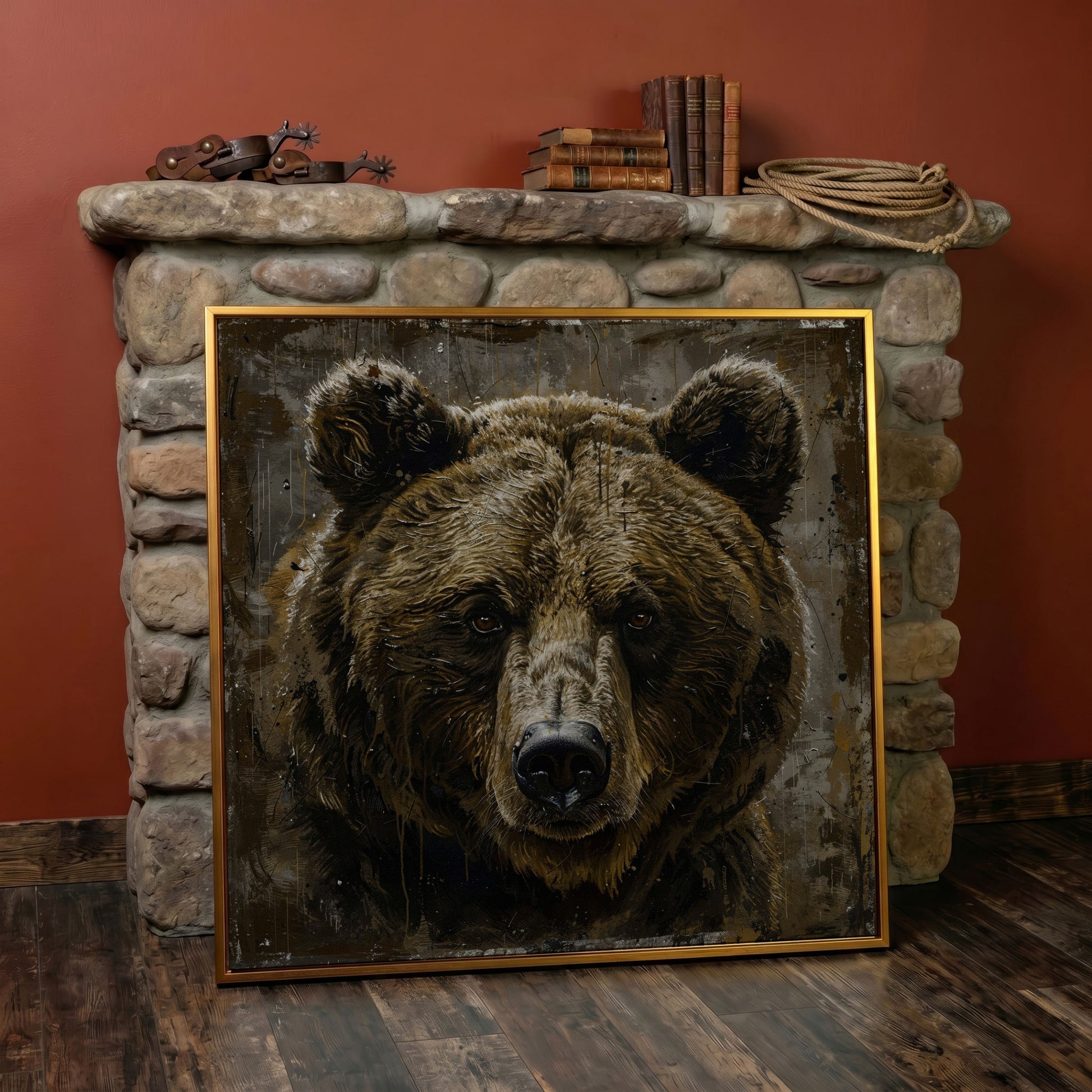 Grizzly Bear Canvas Print, Square in antique gold floating frame