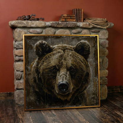 Grizzly Bear Canvas Print, Square in antique gold floating frame