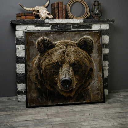 Grizzly Bear Canvas Print, Square in black floating frame