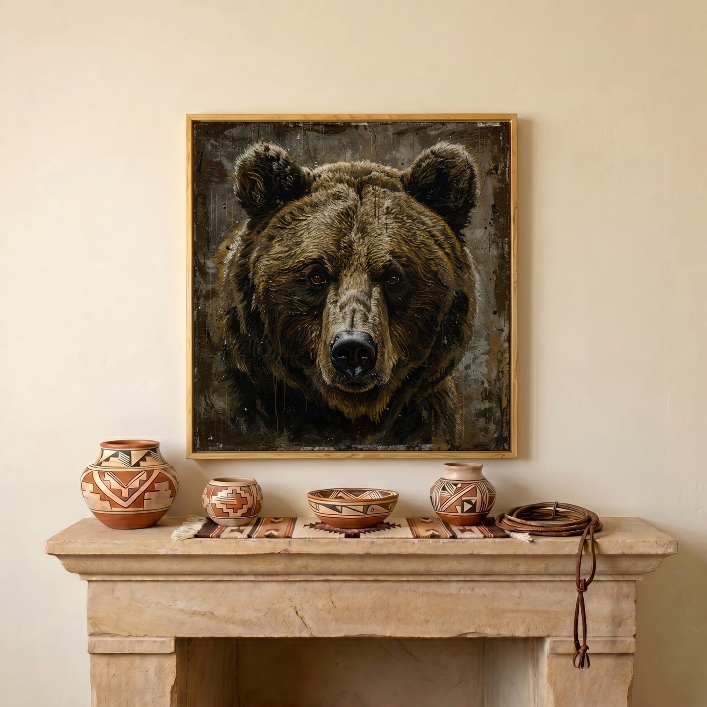 Grizzly Bear Canvas Print, Square in white oak floating frame