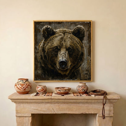 Grizzly Bear Canvas Print, Square in white oak floating frame