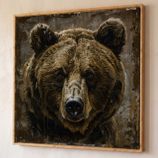 Grizzly Bear Canvas Print, Square shown in white oak floating frame