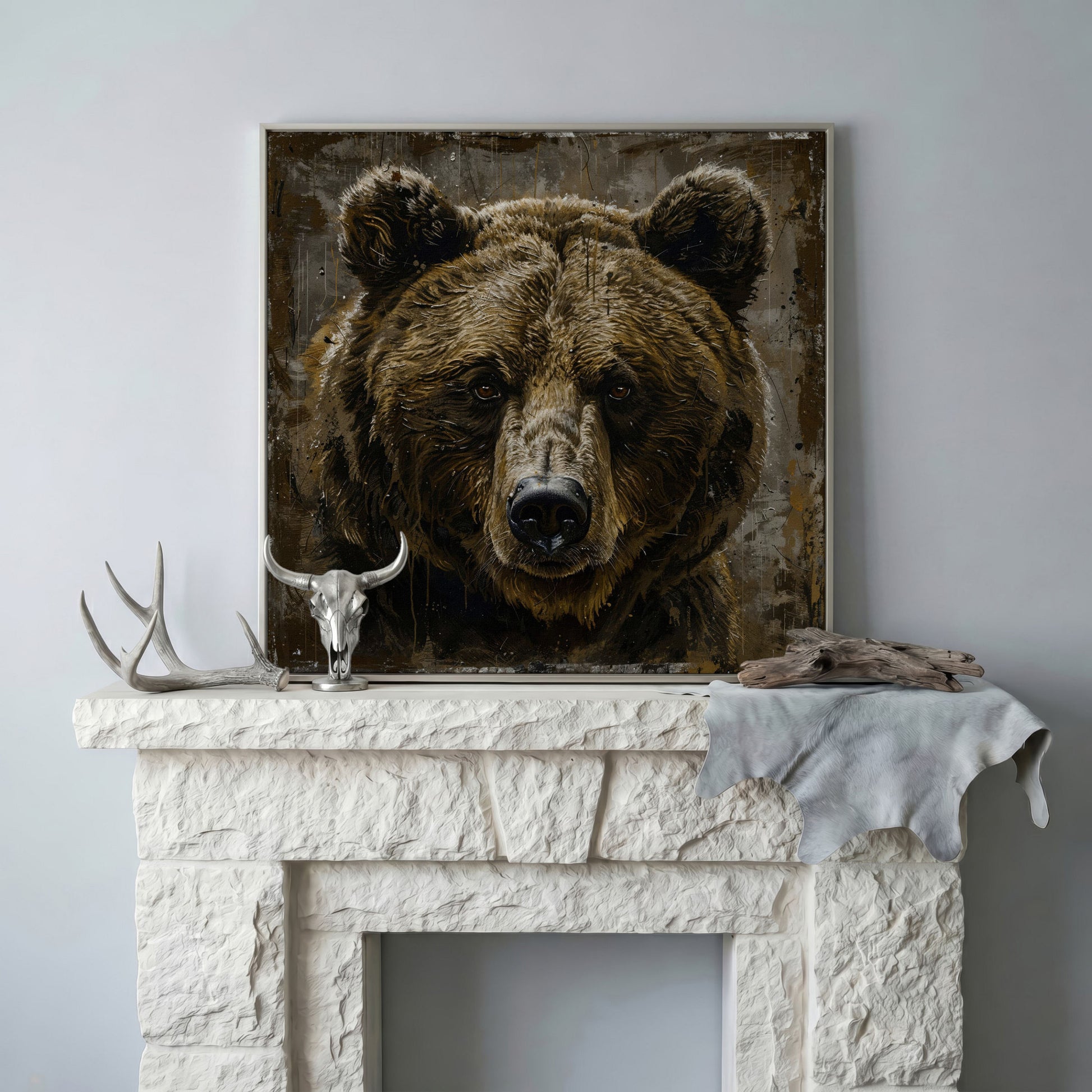 Grizzly Bear Canvas Print, Square in silver floating frame