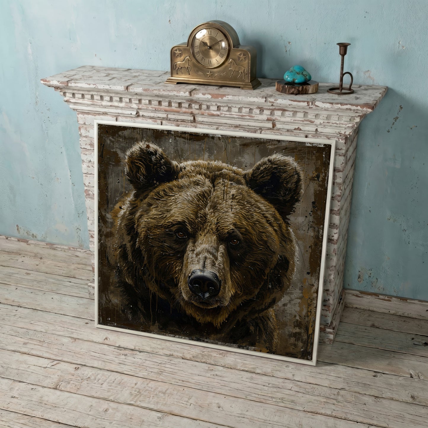 Grizzly Bear Canvas Print, Square in white floating frame