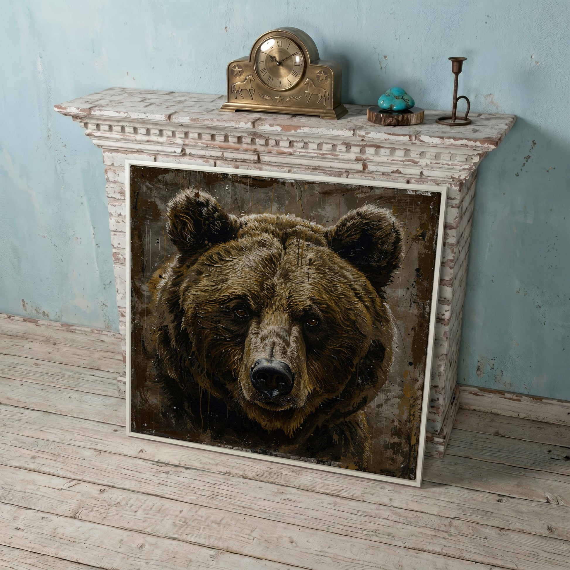 Grizzly Bear Canvas Print, Square in white floating frame