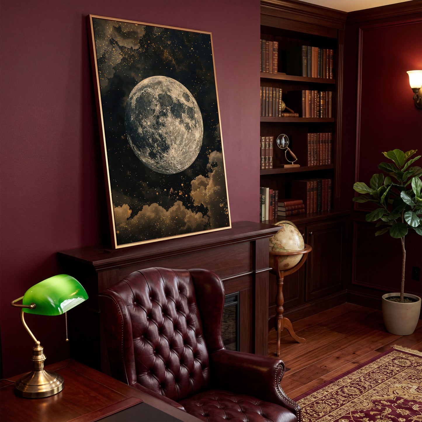 Full Moon Night Sky Canvas Print in antique gold floating frame