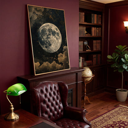 Full Moon Night Sky Canvas Print in antique gold floating frame