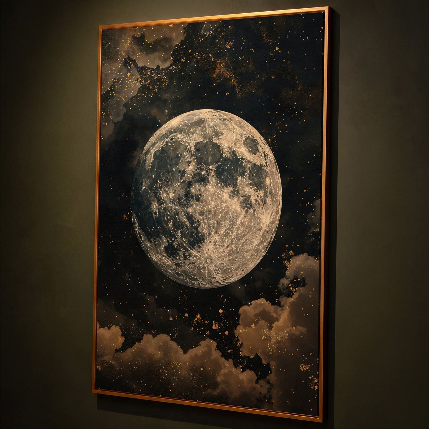 Full Moon Night Sky Canvas Print shown in antique gold floating frame