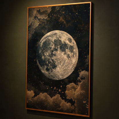 Full Moon Night Sky Canvas Print shown in antique gold floating frame