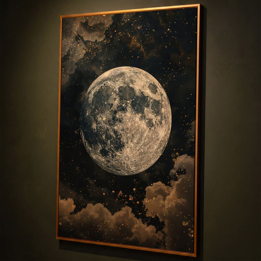 Full Moon Night Sky Canvas Print shown in antique gold floating frame