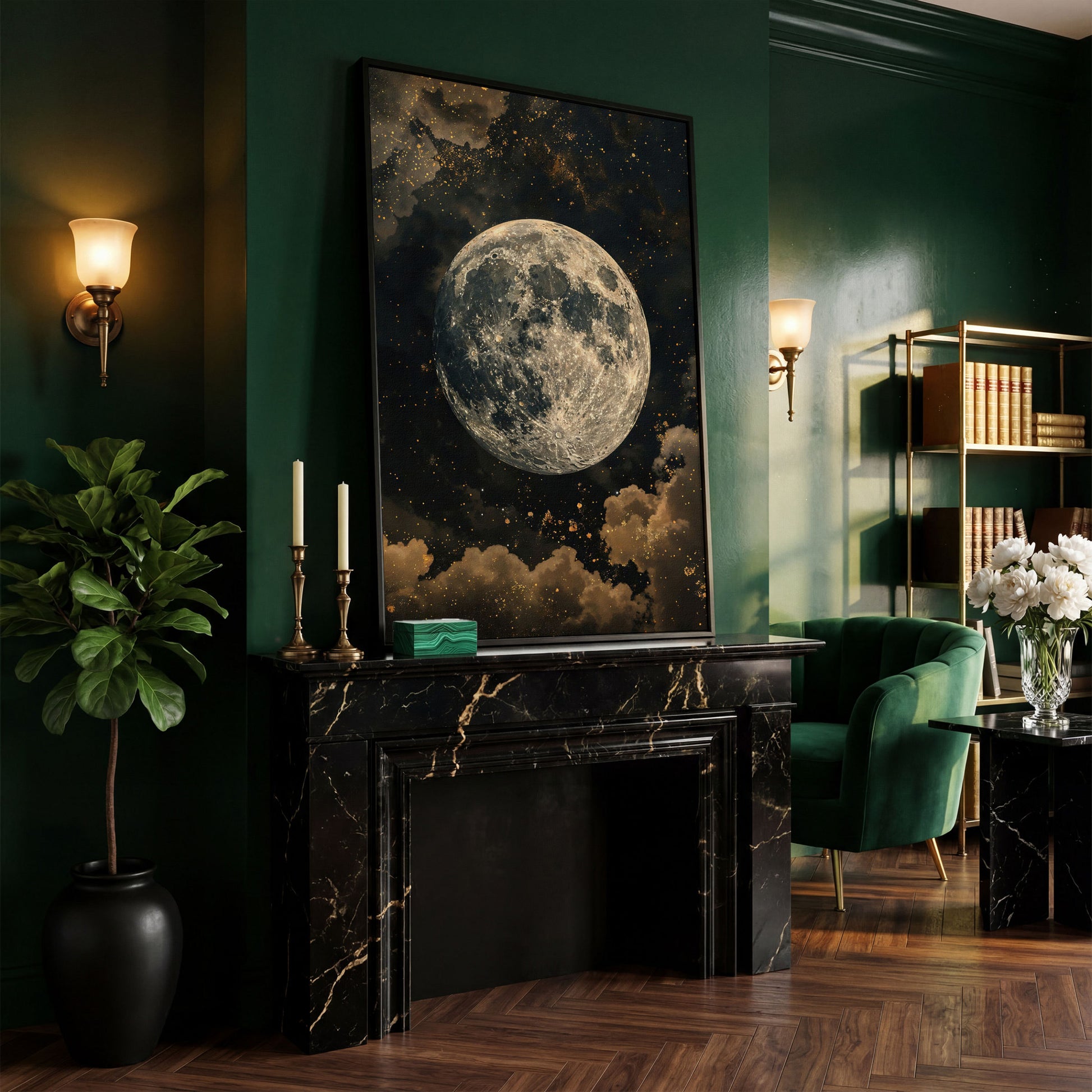 Full Moon Night Sky Canvas Print in black floating frame