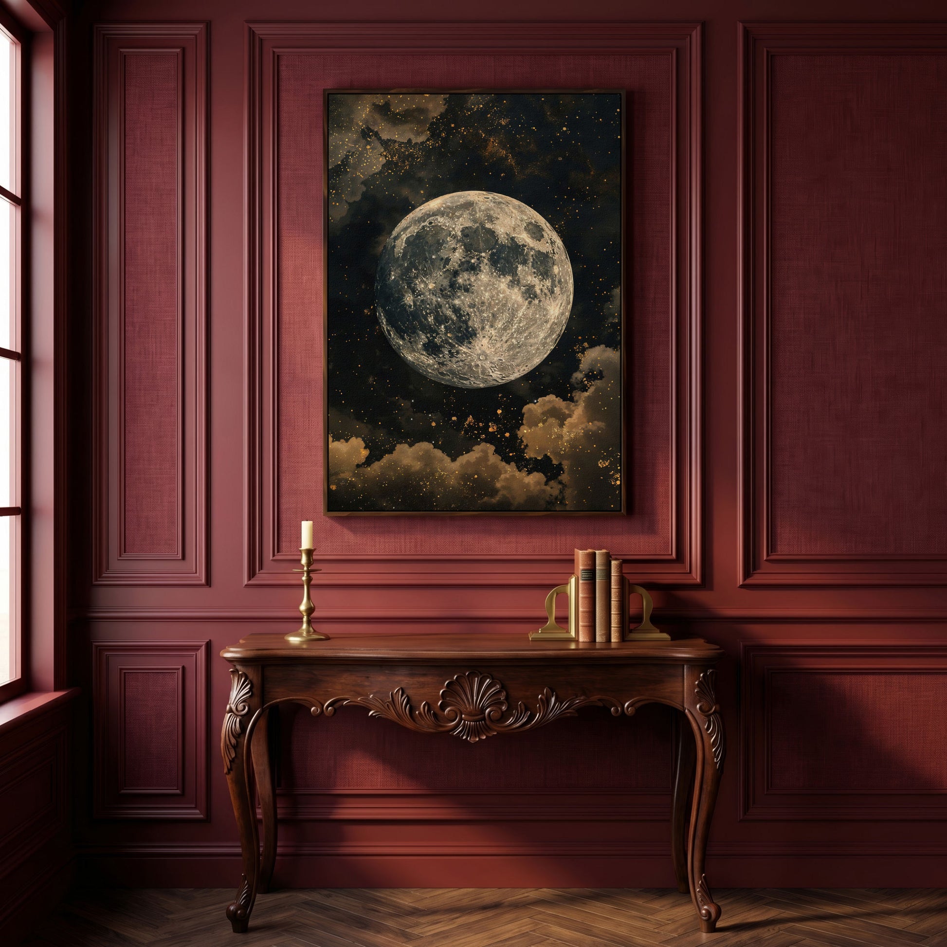 Full Moon Night Sky Canvas Print in dark walnut floating frame