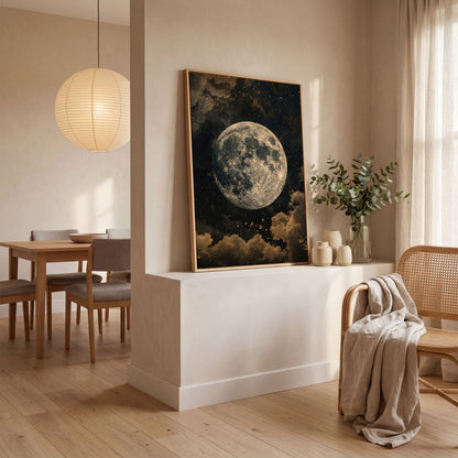 Full Moon Night Sky Canvas Print in white oak floating frame