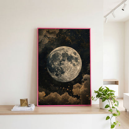 Full Moon Night Sky Canvas Print in pink floating frame