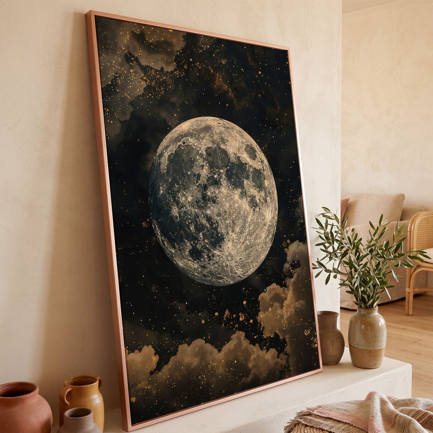 Full Moon Night Sky Canvas Print in rose gold floating frame