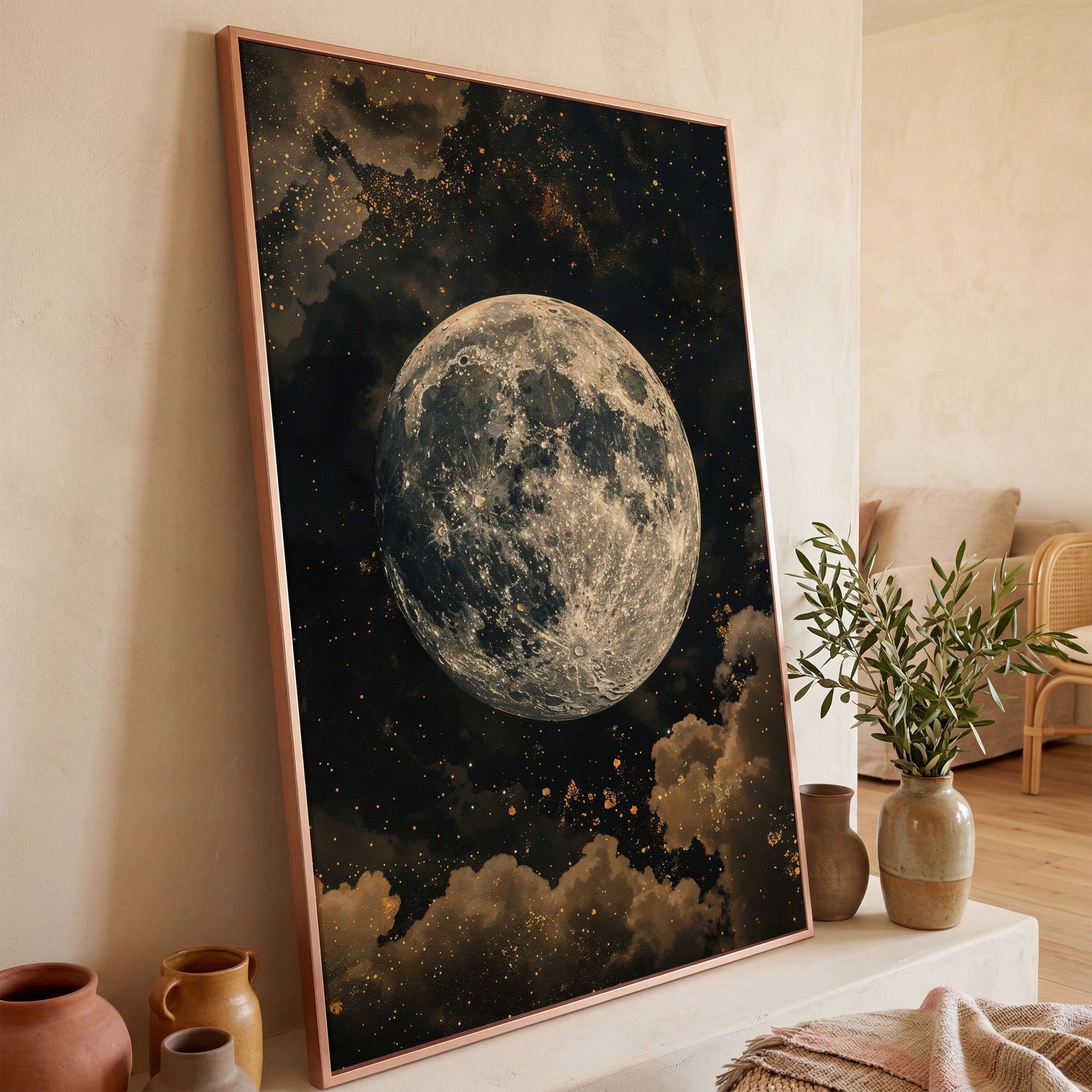 Full Moon Night Sky Canvas Print in rose gold floating frame