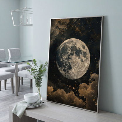 Full Moon Night Sky Canvas Print in silver floating frame
