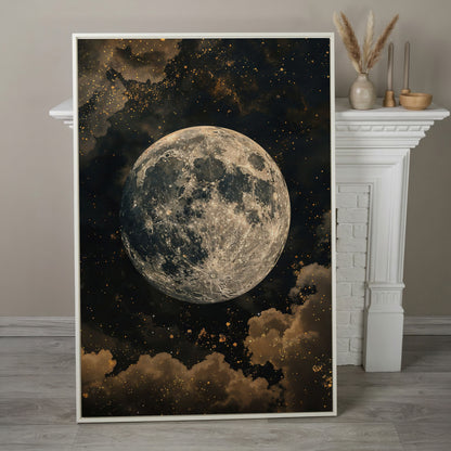 Full Moon Night Sky Canvas Print in white floating frame