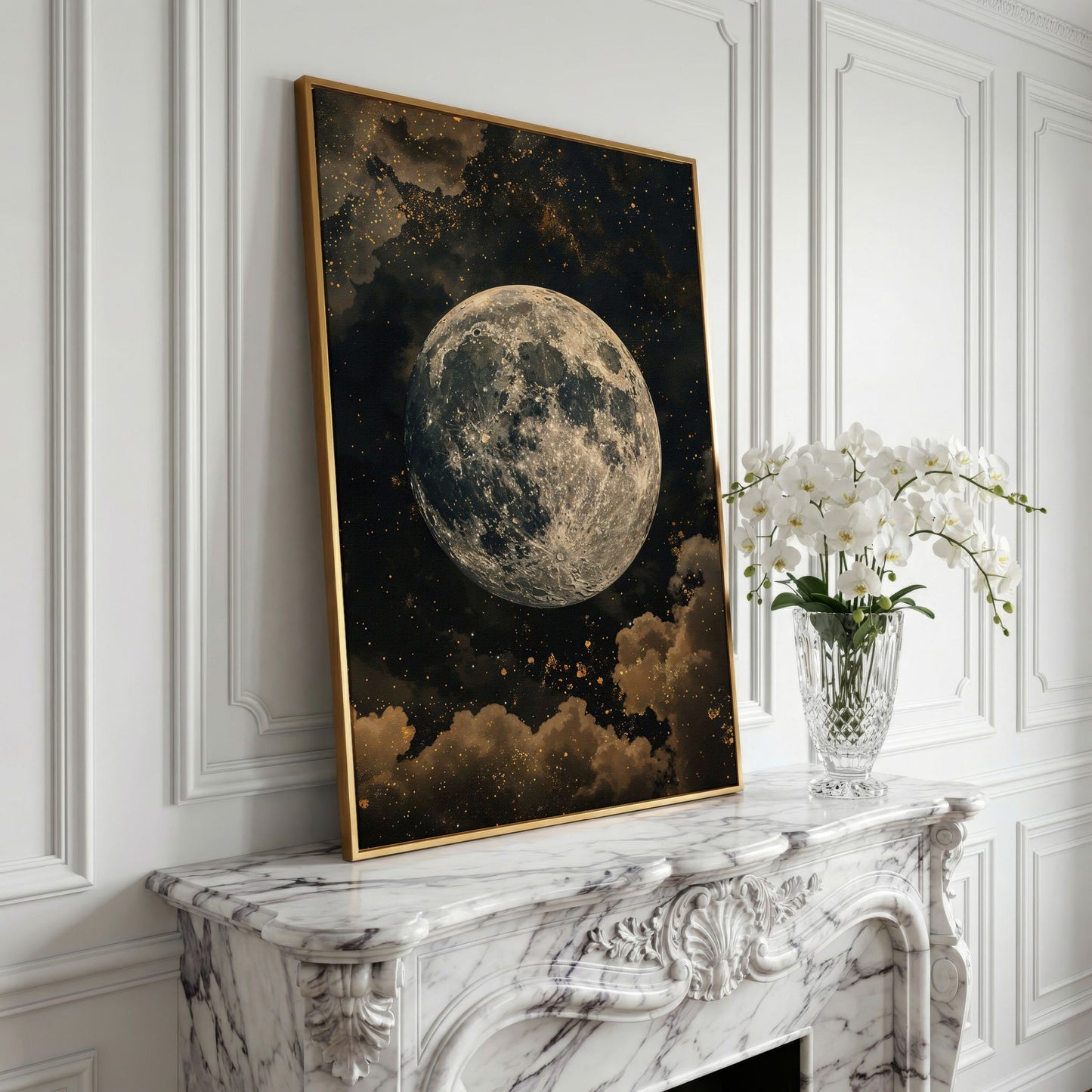 Full Moon Night Sky Canvas Print in yellow gold floating frame