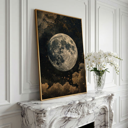 Full Moon Night Sky Canvas Print in yellow gold floating frame