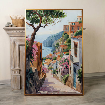 Mediterranean Village View Canvas Print with Coastal Charm in antique gold floating frame