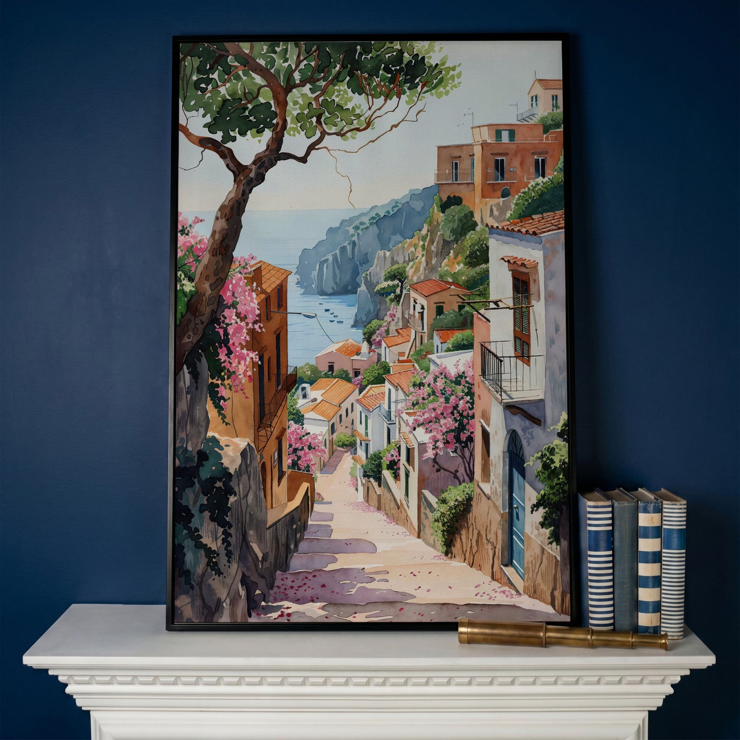 Mediterranean Village View Canvas Print with Coastal Charm in black floating frame