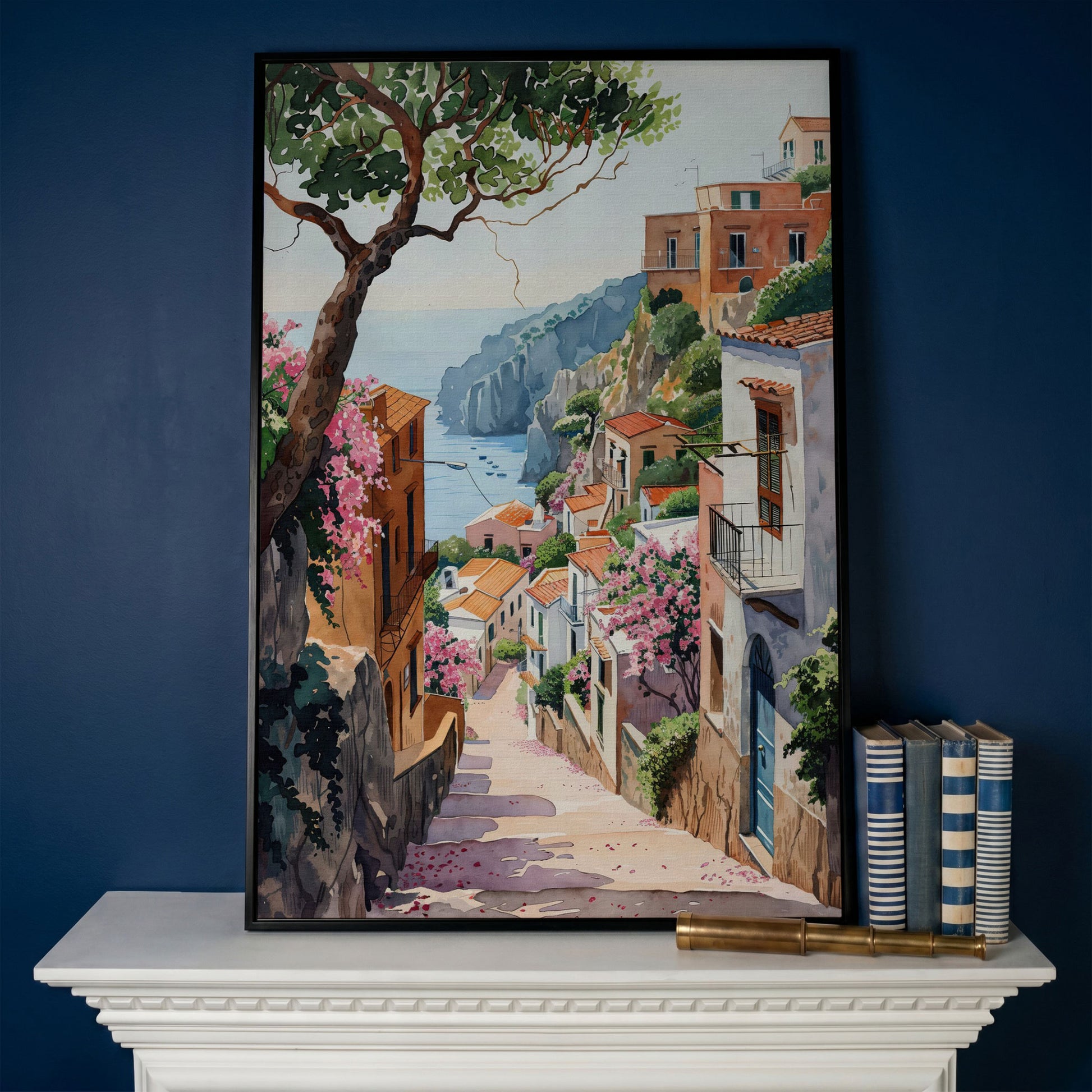 Mediterranean Village View Canvas Print with Coastal Charm in black floating frame