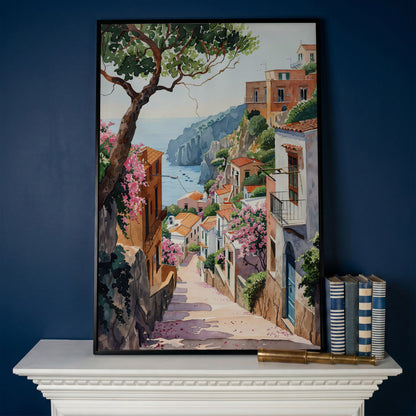 Mediterranean Village View Canvas Print with Coastal Charm in black floating frame