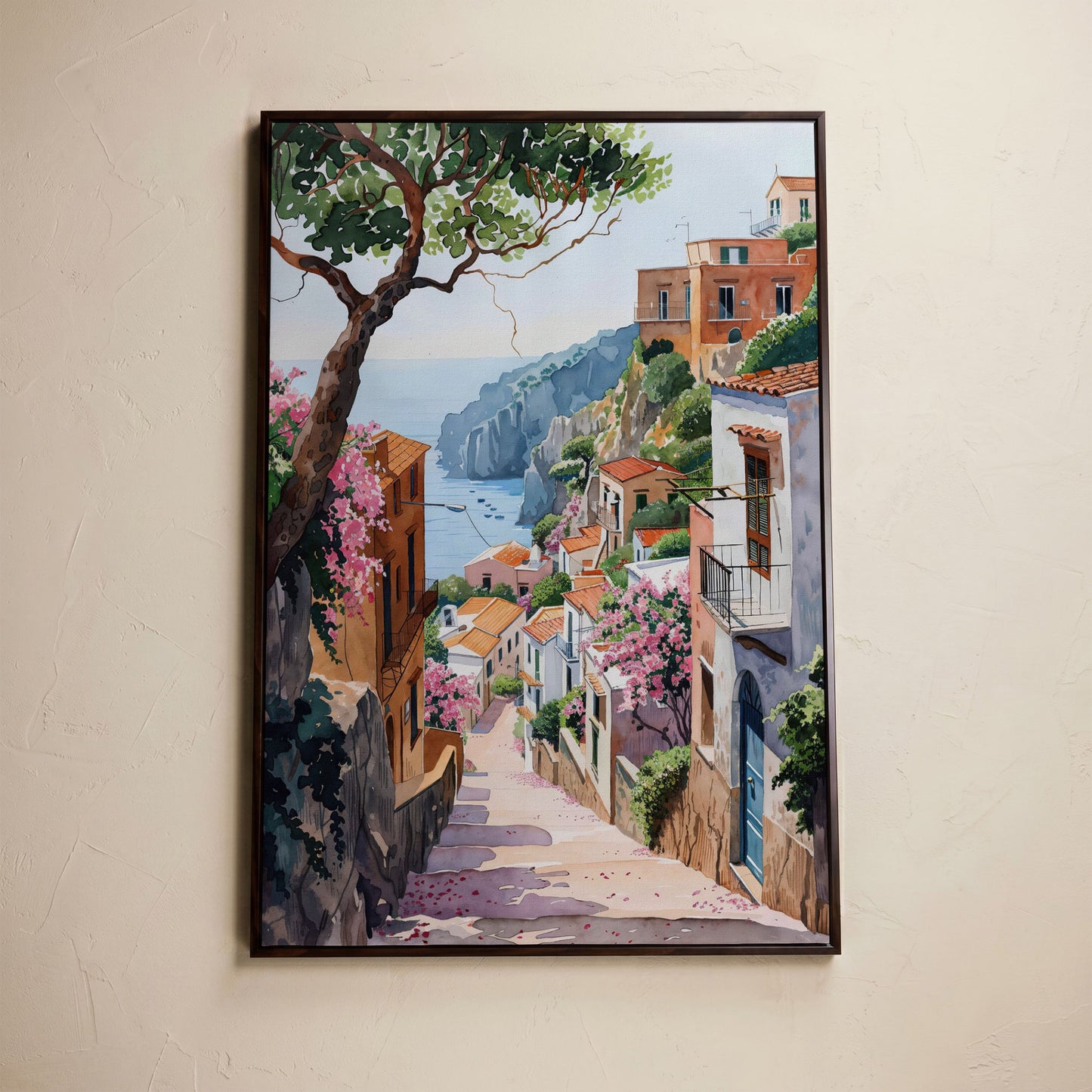 Mediterranean Village View Canvas Print with Coastal Charm in dark walnut floating frame