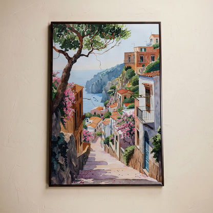 Mediterranean Village View Canvas Print with Coastal Charm in dark walnut floating frame