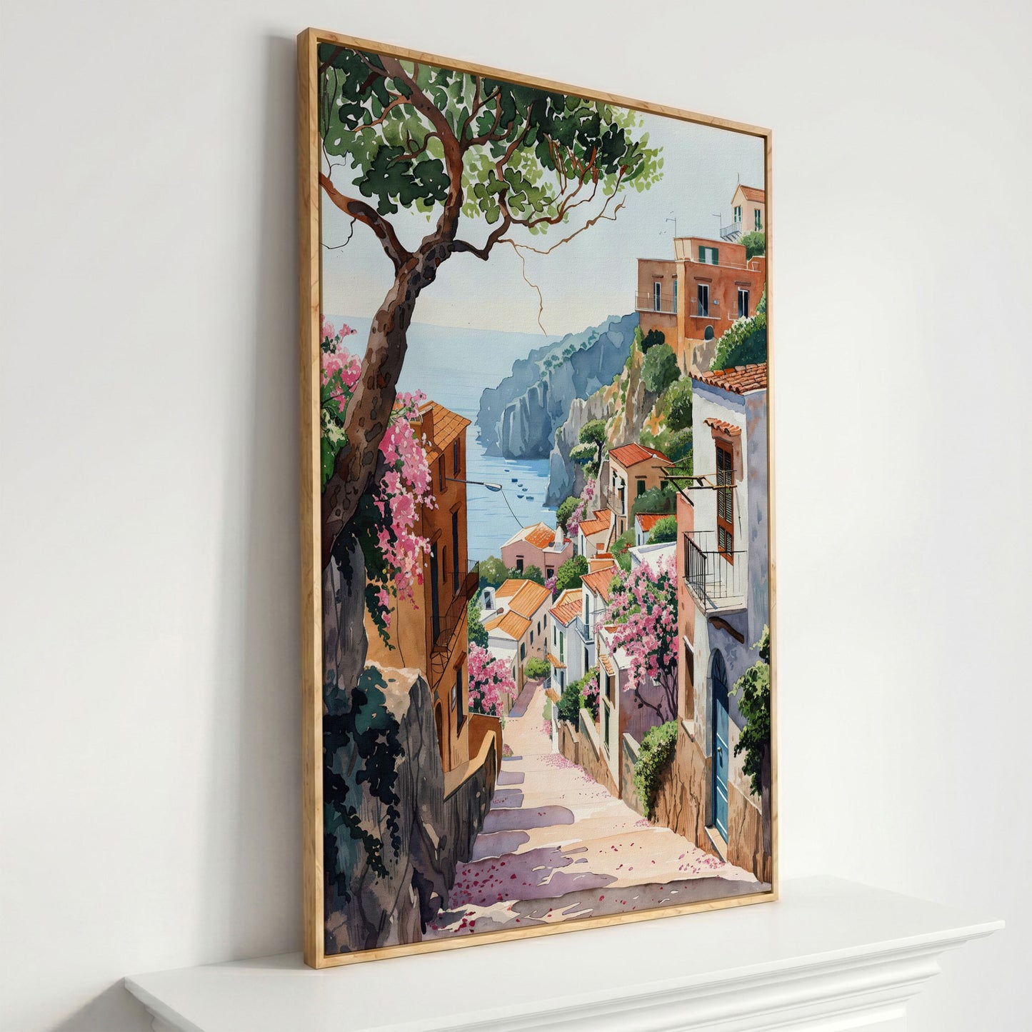 Mediterranean Village View Canvas Print with Coastal Charm in white oak floating frame