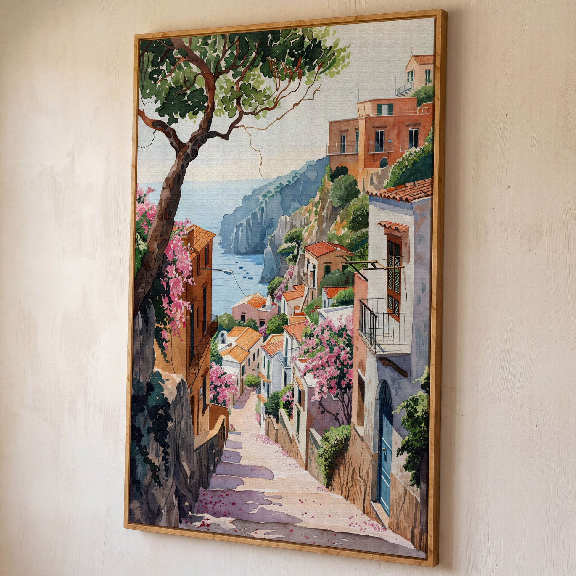 Mediterranean Village View Canvas Print with Coastal Charm shown in white oak floating frame